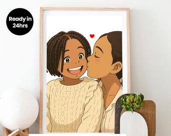 Aangepast animeportret, poster in Ghibli-stijl van foto, anime-print tweelingzus, op Miyazaki geïnspireerde kunst, cartoonportret, verjaardagscadeau tweeling