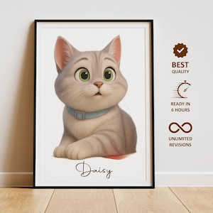 Portrait personnalisé d'animal de compagnie de style Disney, portrait d'animal de compagnie inspiré de style Disney, illustration d'animal de compagnie mignon, portrait art animalier Pixar, cadeau personnalisé pour amoureux des animaux de compagnie