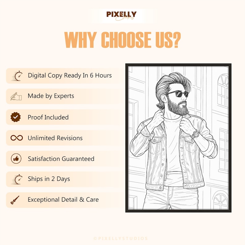 Pu&ograve; includere: Disegno a tratto in bianco e nero di un uomo con occhiali da sole e giacca di jeans, incorniciato in nero. Il testo sopra recita "WHY CHOOSE US?" con elenchi puntati che elencano vantaggi come "Digital Copy Ready In 6 Hours" e "Satisfaction Guaranteed."