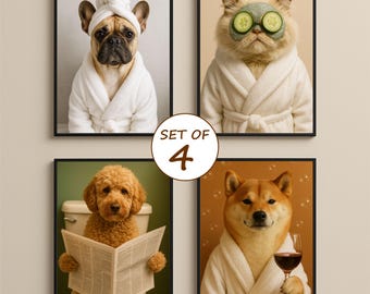 May include: Set of four framed art prints featuring animals in spa-like settings. Includes a dog with a towel, a cat with cucumber slices, a dog reading a newspaper, and a dog with wine. Each animal is wearing a white robe.