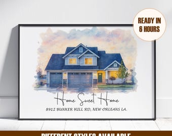 May include: Watercolor-style print of a two-story house with a blue roof and garage doors. The text "Home Sweet Home" and address are below the house. The print is framed in black, with a "Ready in 6 Hours" sticker.