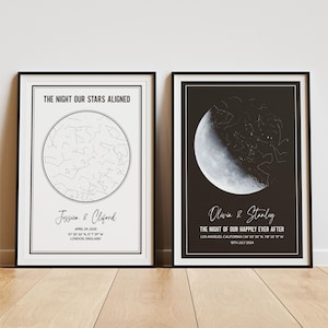 Puede incluir: Dos impresiones enmarcadas con marcos negros. Una presenta un mapa estelar con el texto "THE NIGHT OUR STARS ALIGNED" y los nombres "Jessica & Clifford". La otra muestra una luna y estrellas con el texto "Olivia & Stanley".