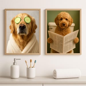 May include: Two framed prints featuring dogs. One shows a golden retriever with cucumber slices on its eyes, wrapped in a towel. The other depicts a poodle reading a newspaper on a toilet. A white soap dispenser, toothbrush holder, and rolled towel are in the foreground.