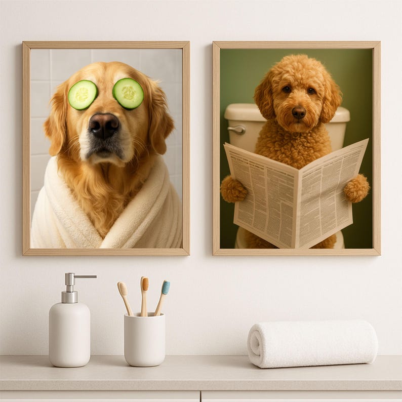 May include: Two framed prints featuring dogs. One shows a golden retriever with cucumber slices on its eyes, wrapped in a towel. The other depicts a poodle reading a newspaper on a toilet. A white soap dispenser, toothbrush holder, and rolled towel are in the foreground.