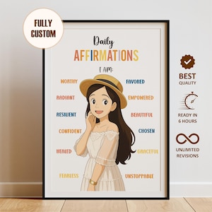 Pu&ograve; includere: Stampa incorniciata con le parole "Daily Affirmations" e "I AM:" sopra un'illustrazione di una ragazza con un cappello. Le affermazioni includono "Worthy", "Radiant" e "Confident".