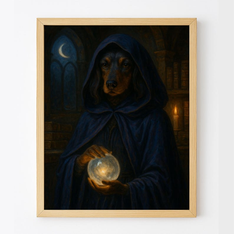 Puede incluir: Impresi&oacute;n enmarcada de un perro con cara de dachshund con una capa con capucha azul oscuro, sosteniendo un orbe brillante. El fondo presenta una luna creciente, una vela y un entorno de biblioteca.