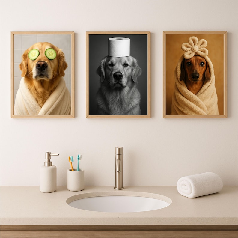 May include: Three framed dog portraits. One shows a golden retriever with cucumber slices on its eyes, wrapped in a towel. Another is a black and white portrait of a golden retriever with a toilet paper roll on its head. The third is a dachshund wrapped in a towel with a flower on its head.