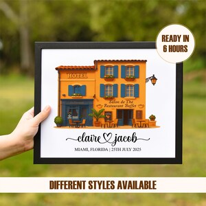 Ilustración personalizada de ubicación de boda a partir de una foto, impresiones personalizadas de casas estilo Disney, regalo de inauguración de casa personalizado, regalo de agente inmobiliario con dibujos animados en 3D