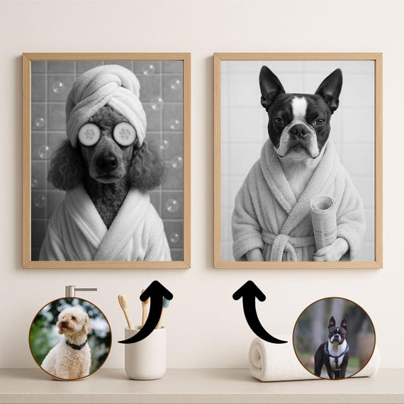 Custom Pet Bathroom Prints, Funny Pet Bathroom Wall Art, Dog in Toilet Poster, Custom Bathtub Portrait, Pet in Bathroom Robe, Pet Owner Gift