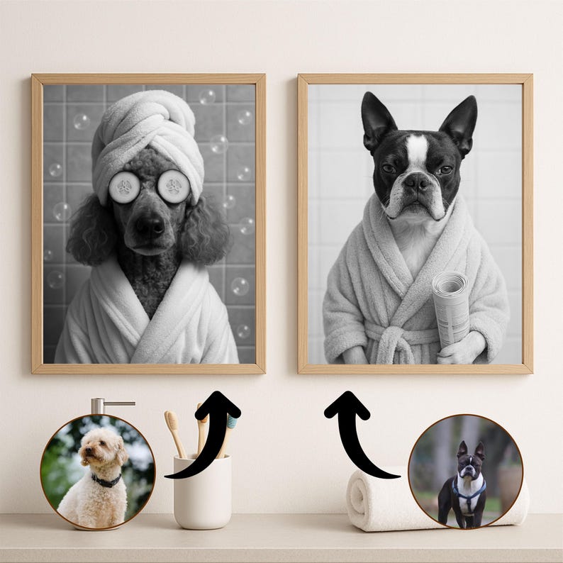 May include: Two framed black and white prints of dogs in a spa setting. One shows a poodle with a towel on its head and cucumber slices on its eyes. The other shows a Boston Terrier in a robe holding a newspaper. A soap dispenser and a towel are also visible.