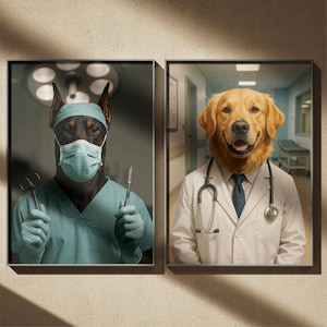 May include: Two framed prints. One features a Doberman Pinscher in surgical attire, holding scissors and a scalpel. The other shows a Golden Retriever in a doctor's coat, stethoscope, and tie, set in a hospital hallway.