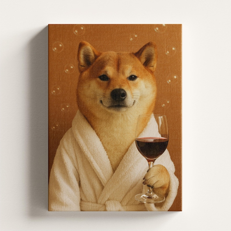 May include: Canvas print featuring a Shiba Inu dog wearing a white bathrobe and holding a glass of red wine. The dog has a relaxed expression. The background is a warm brown with bubbles.