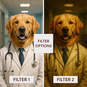 May include: Two images side-by-side of a Golden Retriever dog wearing a doctor's coat and stethoscope. The left image is a photo, and the right image is a painting. Text on the image reads "FILTER OPTIONS", "FILTER 1", and "FILTER 2".