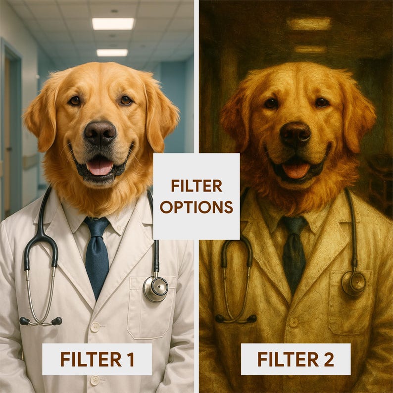 May include: Two images side-by-side of a Golden Retriever dog wearing a doctor's coat and stethoscope. The left image is a photo, and the right image is a painting. Text on the image reads "FILTER OPTIONS", "FILTER 1", and "FILTER 2".