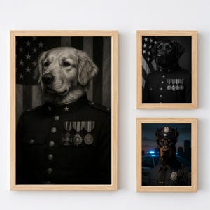 May include: Three framed prints featuring dogs in military and police uniforms. The first print shows a golden retriever in a dark uniform with medals, set against an American flag. The second print features a black lab in a similar uniform. The third print shows a Doberman in a police uniform.