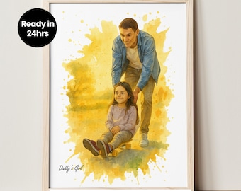 Aquarelle personnalisée, peinture papa fille à partir d'une photo, portrait personnalisé pour la fête des pères, portrait de famille à l'aquarelle, cadeau pour papa