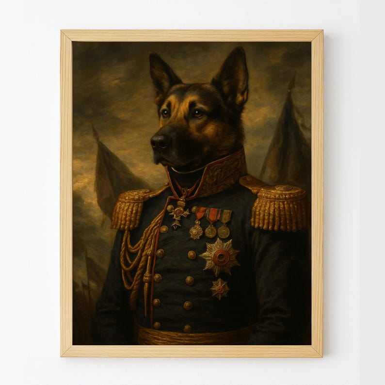Puede incluir: Una impresi&oacute;n enmarcada que presenta a un perro pastor alem&aacute;n con uniforme militar. El perro lleva un abrigo verde oscuro adornado con charreteras doradas, medallas y un cuello rojo y dorado. El fondo es una escena apagada de estilo vintage.