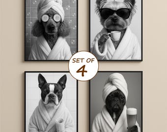 Retrato personalizado para baño, juego de 4 retratos de mascotas a partir de fotos, lámina artística personalizada para mascotas, arte divertido para el baño, regalo conmemorativo para mascotas, decoración de pared para mascotas