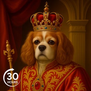 Puede incluir: Un perro Cavalier King Charles Spaniel con una t&uacute;nica y corona reales rojas y doradas. El perro tiene pelaje marr&oacute;n y blanco y una expresi&oacute;n seria. Un cetro dorado se sostiene en la pata del perro. La imagen incluye el texto "30 HOURS".