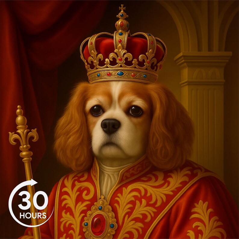 Puede incluir: Un perro Cavalier King Charles Spaniel con una t&uacute;nica y corona reales rojas y doradas. El perro tiene pelaje marr&oacute;n y blanco y una expresi&oacute;n seria. Un cetro dorado se sostiene en la pata del perro. La imagen incluye el texto "30 HOURS".