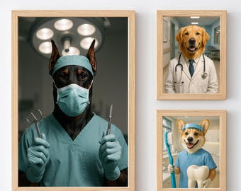 Retrato personalizado de mascota de cirujano, lienzo divertido de mascota médica, arte mural de hospital veterinario, mascota con uniforme quirúrgico, idea de regalo para veterinario