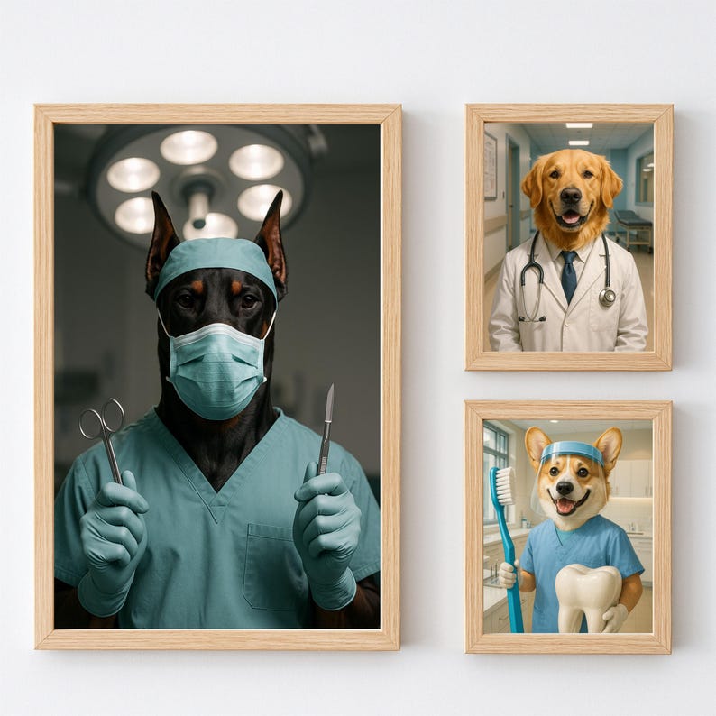May include: Three framed prints featuring dogs in medical roles. One shows a Doberman in surgical attire holding tools, another a Golden Retriever as a doctor, and the third a Corgi as a dentist with a toothbrush and tooth.