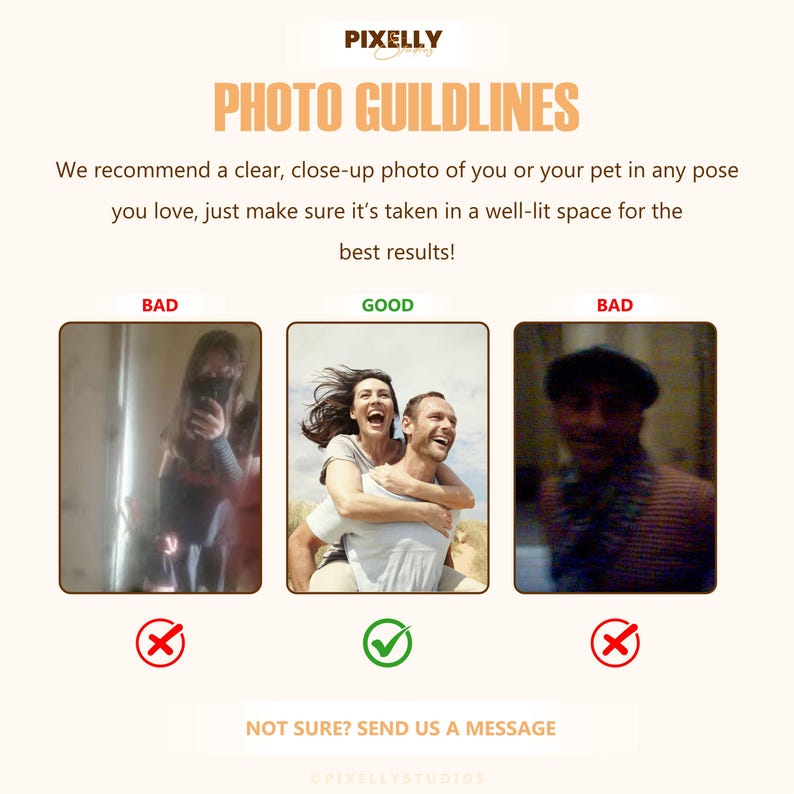Pu&ograve; includere: Una guida con il testo "PHOTO GUIDELINES" e esempi di foto buone e cattive. Il testo raccomanda foto chiare e ravvicinate di persone o animali domestici in spazi ben illuminati. Il logo Pixelly Studios &egrave; in alto.