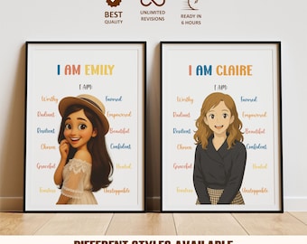 Affermazione giornaliera personalizzata con ritratto di cartone animato 3D, poster motivazionale, decorazione per ufficio terapeutico, stampe di affermazioni per bambini, regalo di compleanno per bambini