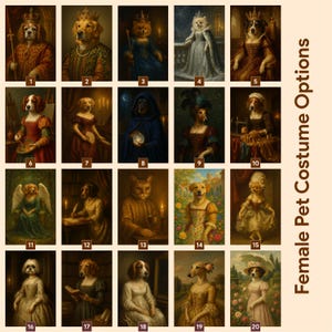 Puede incluir: Una colecci&oacute;n de 20 retratos de mascotas vestidas con trajes hist&oacute;ricos. Las im&aacute;genes presentan perros y gatos con atuendos reales, alas de &aacute;ngel y vestidos de &eacute;poca. El texto "Female Pet Costume Options" es visible.