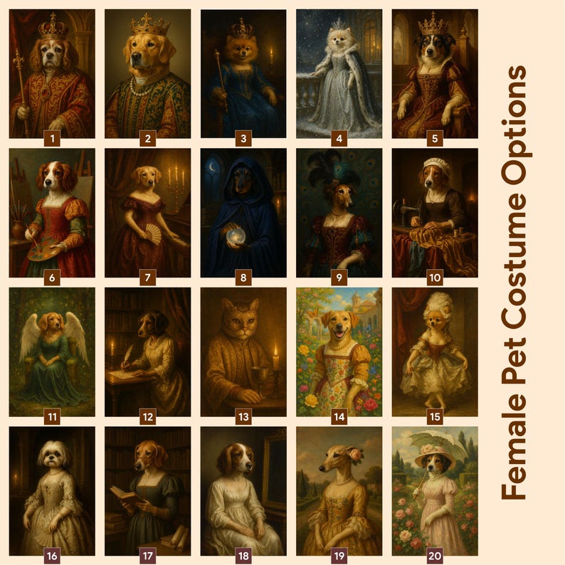 Puede incluir: Una colecci&oacute;n de 20 retratos de mascotas vestidas con trajes hist&oacute;ricos. Las im&aacute;genes presentan perros y gatos con atuendos reales, alas de &aacute;ngel y vestidos de &eacute;poca. El texto "Female Pet Costume Options" es visible.