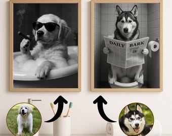 Custom Pet Portrait, Funny Bathroom Art, Dog Reading Newspaper on Toilet, Dog Wall Art, Dog in Toilet, Pet in Bathtub, Personalized pet gift