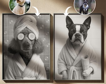 Regalo personalizado de retrato de mascota en el baño, perro leyendo periódico, arte divertido de mascota en el baño, mascota en la bañera, retrato digital de mascota en el baño a partir de una foto