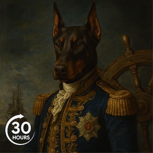 Puede incluir: Retrato de un Doberman Pinscher con uniforme naval, sobre un fondo de mar tormentoso. El perro lleva un abrigo azul con adornos dorados, una corbata blanca y un emblema decorativo. Un barco navega a lo lejos, con un gr&aacute;fico de "30 HOURS".
