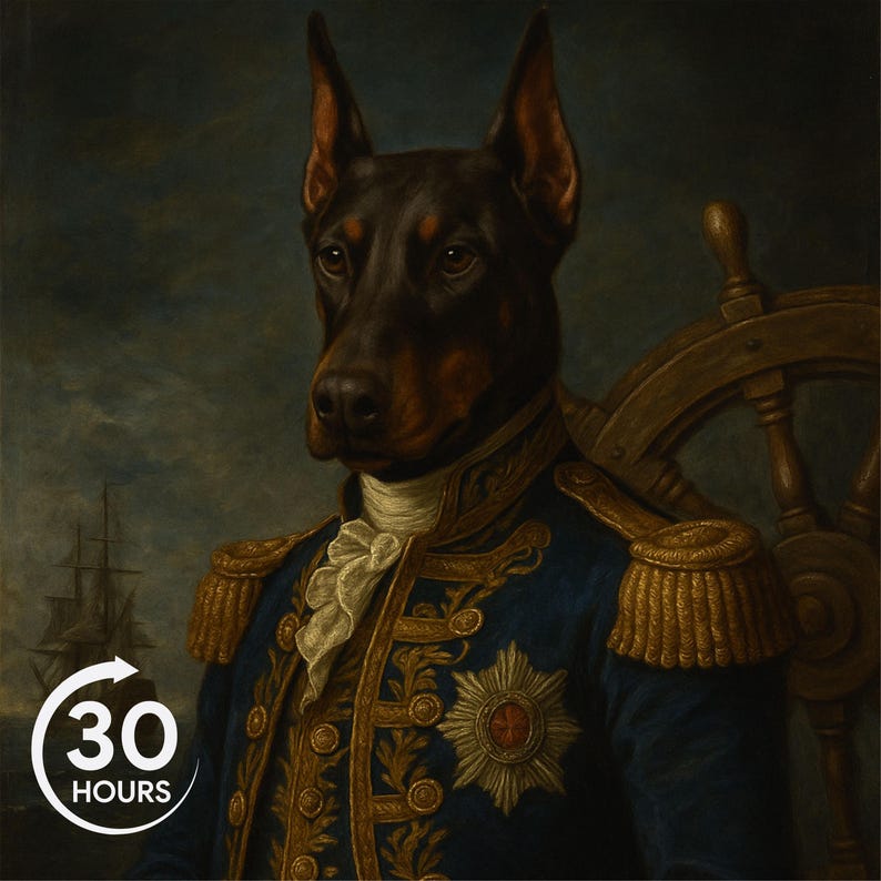 Puede incluir: Retrato de un Doberman Pinscher con uniforme naval, sobre un fondo de mar tormentoso. El perro lleva un abrigo azul con adornos dorados, una corbata blanca y un emblema decorativo. Un barco navega a lo lejos, con un gr&aacute;fico de "30 HOURS".