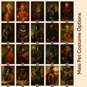 Puede incluir: Una colecci&oacute;n de 20 retratos de mascotas vestidas con trajes hist&oacute;ricos. Los retratos presentan varias razas de perros y gatos, cada uno adornado con atuendos reales, uniformes militares y ropa renacentista. El texto "Male Pet Costume Options" est&aacute; a la derecha.