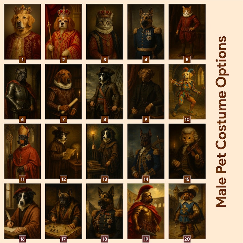 Puede incluir: Una colecci&oacute;n de 20 retratos de mascotas vestidas con trajes hist&oacute;ricos. Los retratos presentan varias razas de perros y gatos, cada uno adornado con atuendos reales, uniformes militares y ropa renacentista. El texto "Male Pet Costume Options" est&aacute; a la derecha.