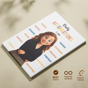 Pu&ograve; includere: Una stampa su tela bianca con la scritta "Daily Affirmations I Am:" e affermazioni positive. Un personaggio animato &egrave; raffigurato sulla stampa. La stampa include anche icone per la migliore qualit&agrave;, revisioni illimitate e pronto in 6 ore.