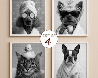 May include: Set of four framed black and white prints featuring animals in spa-like settings. A poodle with cucumber slices, a Yorkie with sunglasses, a cat with a rubber duck, and a Boston Terrier in a robe.