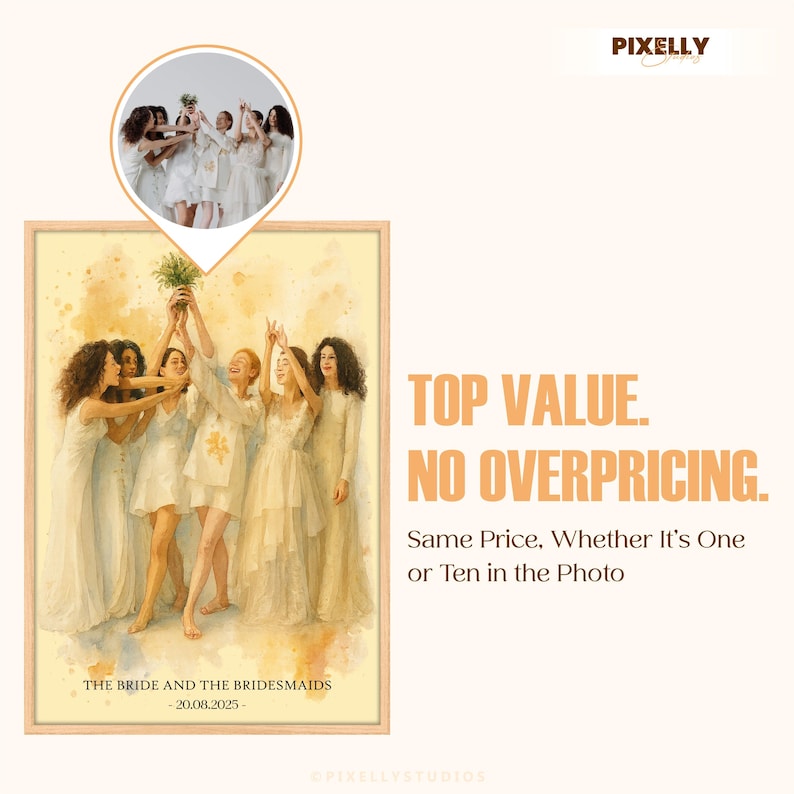 Pu&ograve; includere: Una stampa ad acquerello incorniciata con un gruppo di donne in abiti bianchi, che festeggiano con una pianta. Il testo recita "THE BRIDE AND THE BRIDESMAIDS - 20.08.2025." Il testo aggiuntivo dice "TOP VALUE. NO OVERPRICING."