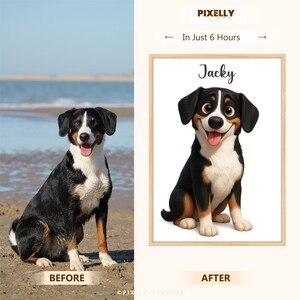 以下が含まれることがあります： 犬の肖像画のビフォーアフター画像。 「ビフォー」画像は、ビーチにいる犬の写真です。 「アフター」画像は、同じ犬「Jacky」の漫画の肖像画で、木製のフレームに入っています。 テキストには「わずか6時間で」と書かれています。