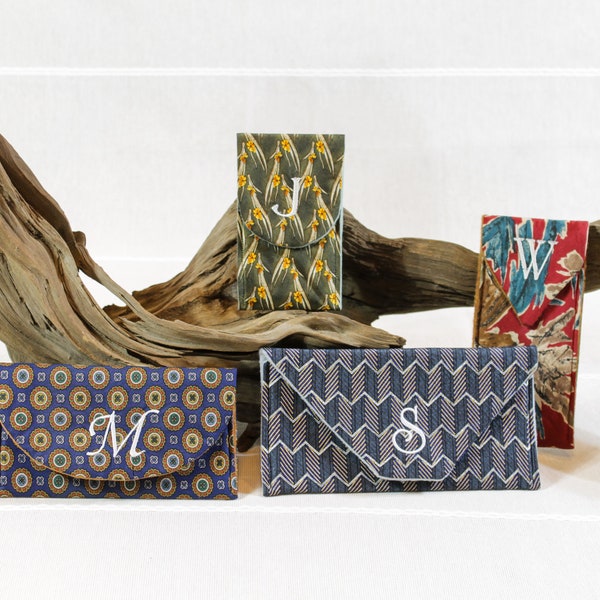 Custom made, one-of-a-kind eyeglass and jewelry cases crafted from beautiful vintage silk ties.