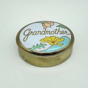 VTG, RARE, &quot;Grandmother&quot; Floral Enamel Top, Brass Tone Trinket Box, 1980s - Mother&#39;s Day Gift!
