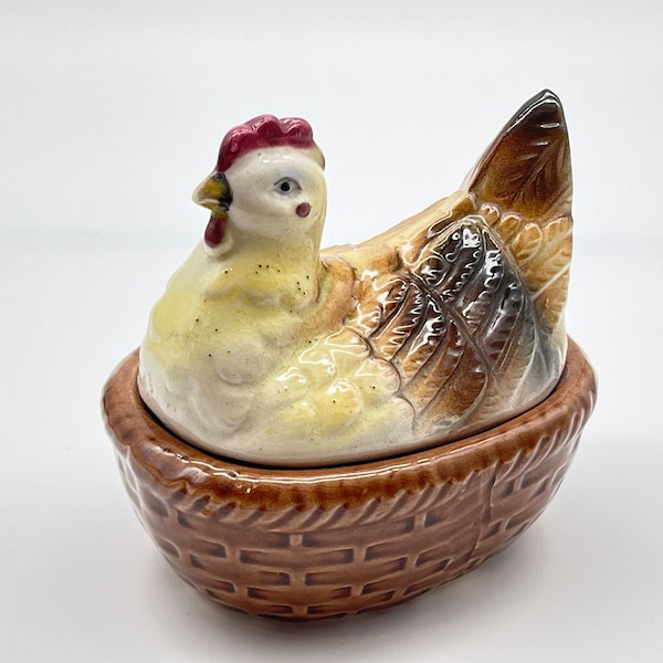 VTG, RARE Hen in Basket Trinket Box, Ceramic 1940s Occupied Japan