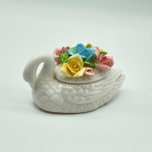 VTG, Porcelain Swan with Hand Applied Flowers Trinket Box, 1980s - Gift for Her!