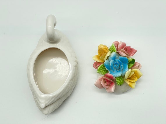 VTG, Porcelain Swan with Hand Applied Flowers Tri… - image 7