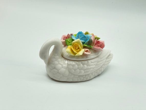 VTG, Porcelain Swan with Hand Applied Flowers Tri… - image 1