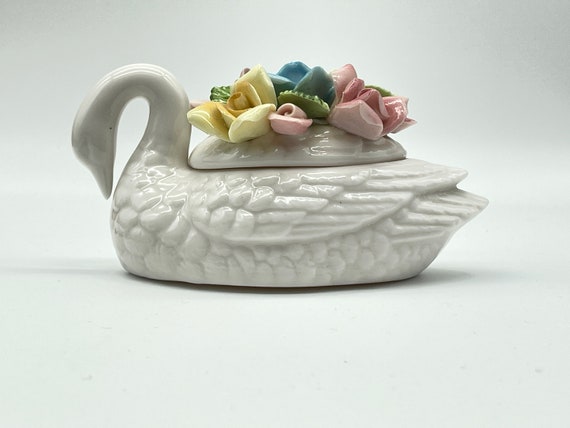 VTG, Porcelain Swan with Hand Applied Flowers Tri… - image 2