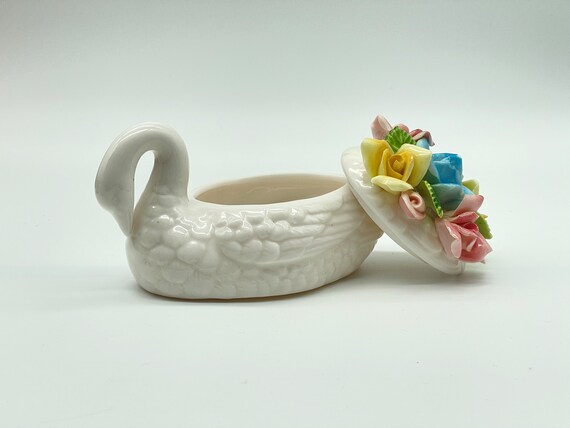 VTG, Porcelain Swan with Hand Applied Flowers Tri… - image 5
