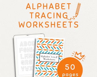 May include: A digital download of 50 alphabet tracing worksheets for kids. The worksheets feature a colorful geometric pattern and the text "Alphabet A to Z Worksheets".