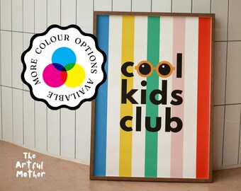Cool Kids Club Print | Playroom Wall Art | Multicoloured Stripes, Typography Poster